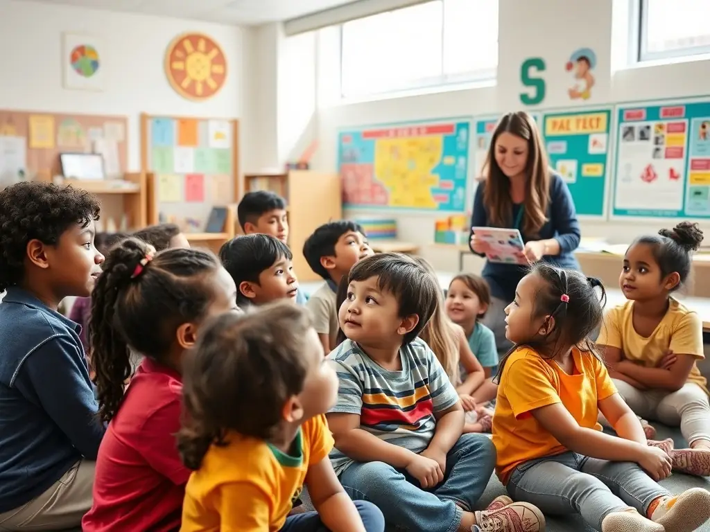 A photograph of a group of young people participating in a cultural education program, learning about Tzigan history and traditions. The setting is a modern classroom with traditional elements.