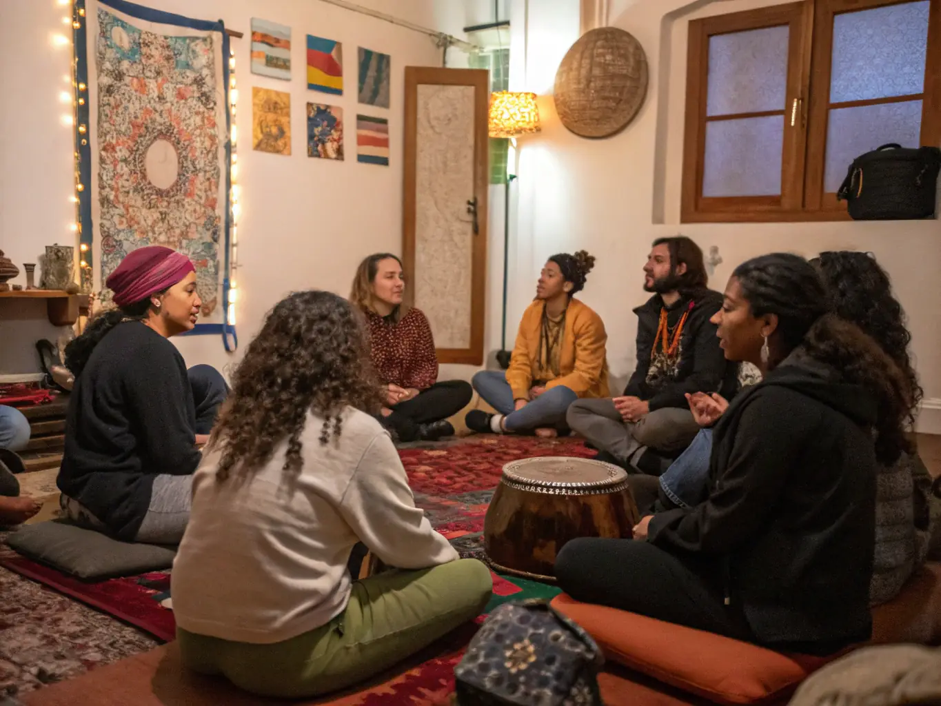 An image of a community workshop where elders share stories, with historical artifacts displayed around them. The scene is warm and inviting, emphasizing the importance of oral tradition.